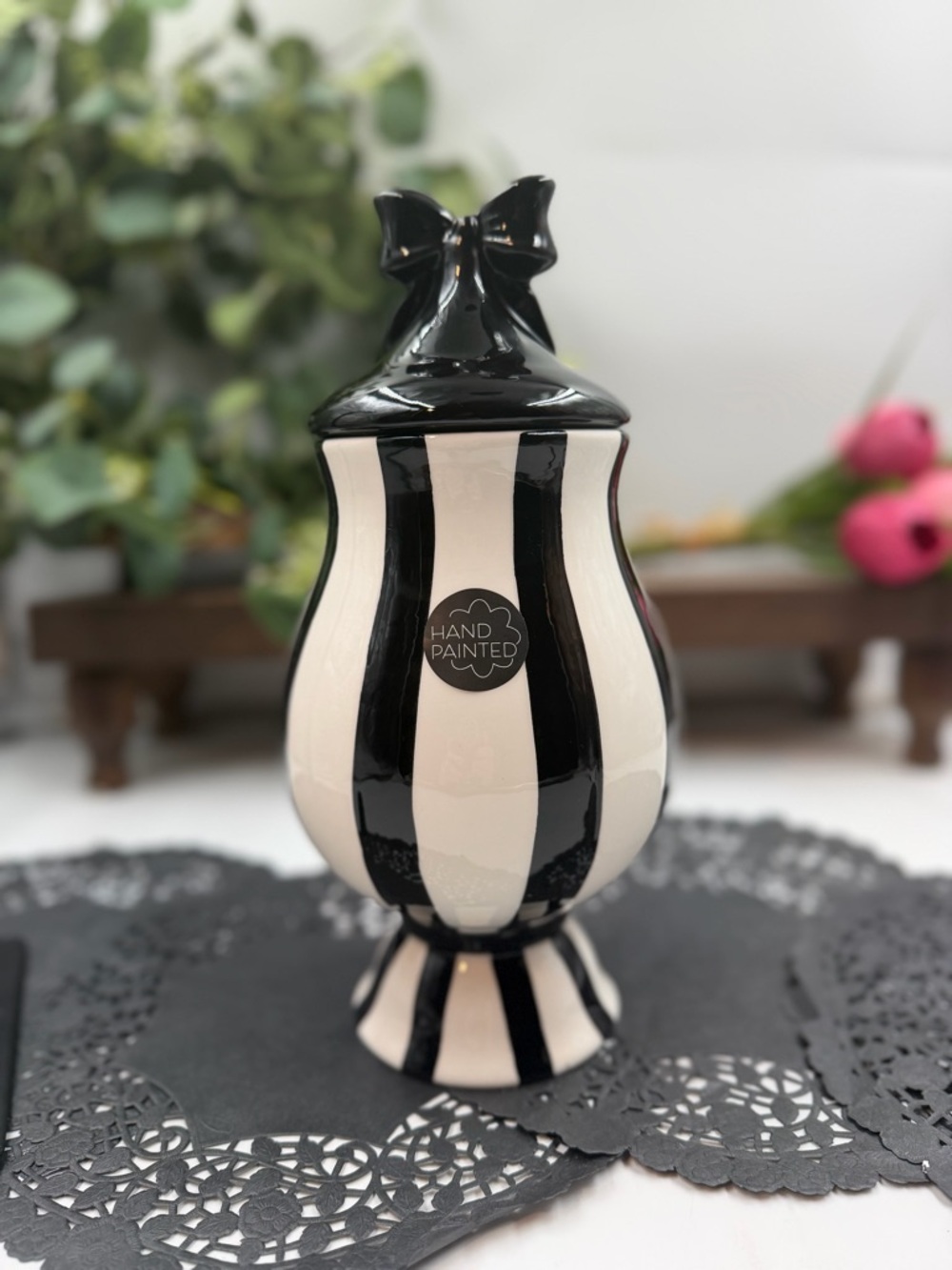 Petal & Pearl Tall Black White Striped Ceramic SM Canister Bow Lid Hand Painted